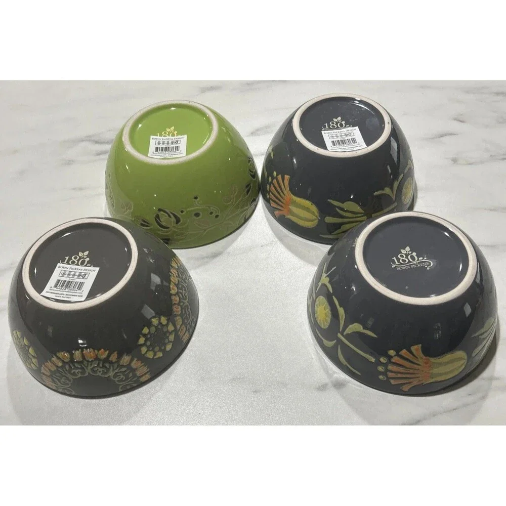 180 Robin Pickens Cereal Bowls Green Floral Textured Set of 4 Mixed Patterns